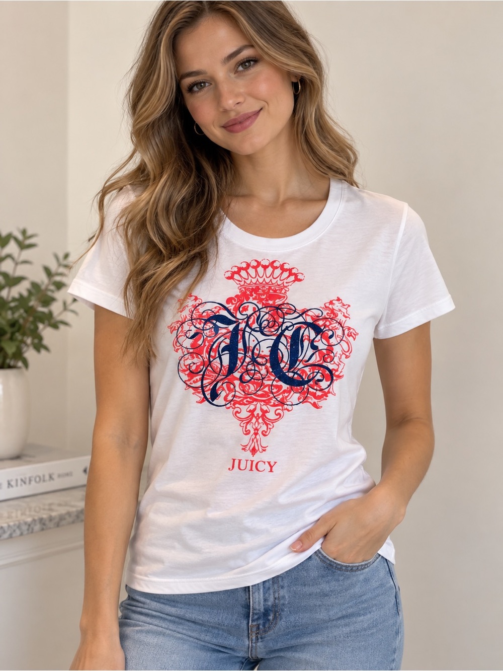 Juicy Couture White Graphic Tee with Red and Navy Crest Women size XL *Slim Fit*